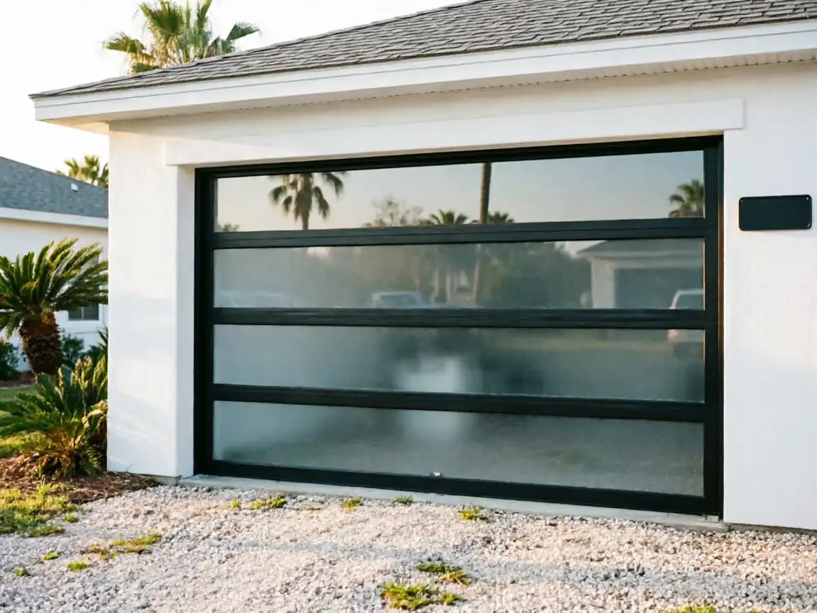 A modern glass garage door with black frames on a white house.