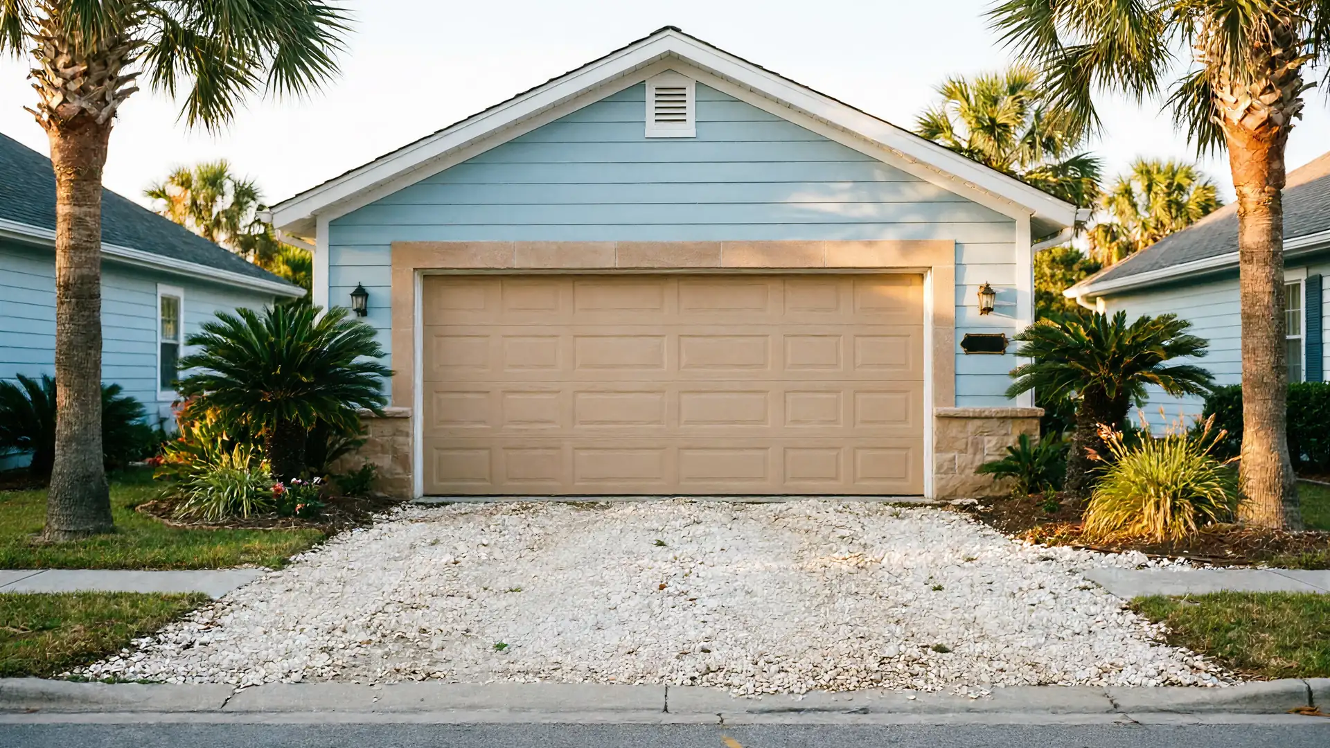 A light blue house has a tan garage door and a gravel driveway.