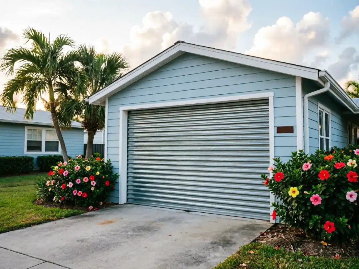 The light blue house has a gray corrugated metal garage door and colorful hibiscus bushes.