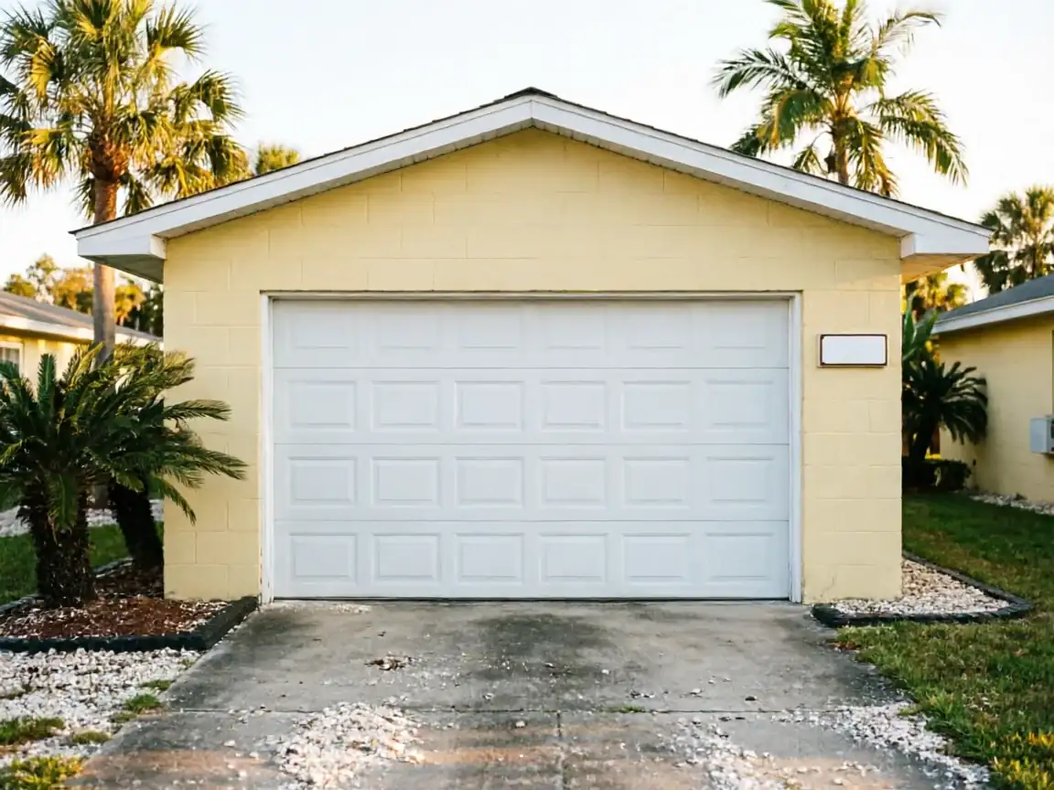 A white garage door is on a yellow house with palm trees.